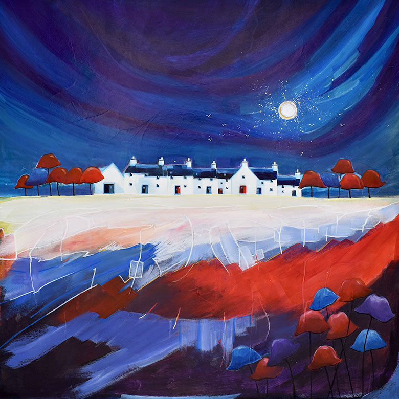 Dancing Moon Cottages 6. A mixed media original by Anya Simmons.