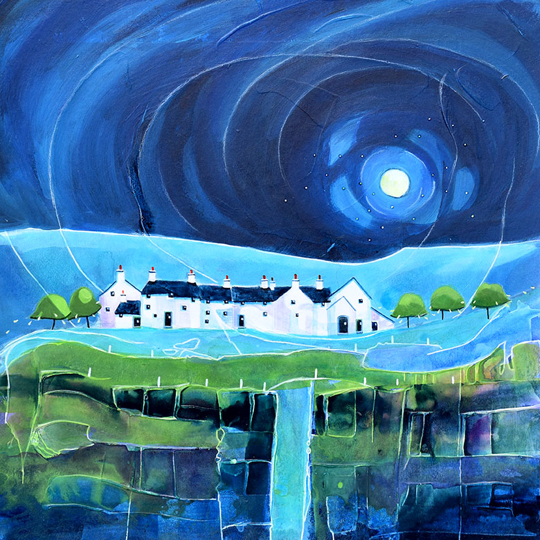 Moonlight Trail Cottages. A mixed media original by Anya Simmons.